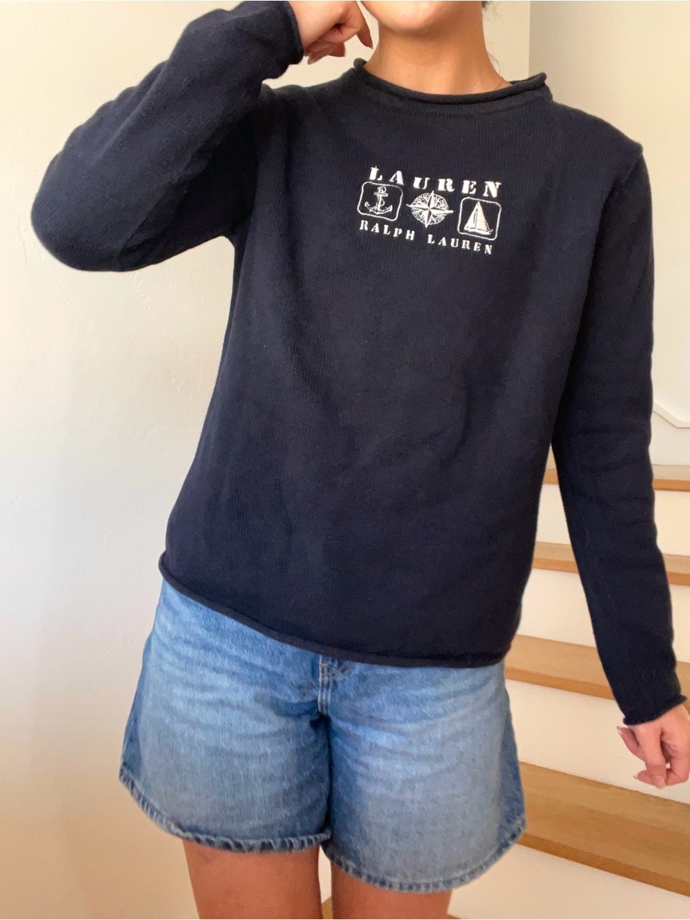 Vintage Lauren Ralph Lauren Nautical Navy Blue Boat Embroidered Rollneck Sweater
